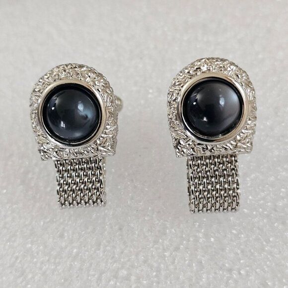 Vintage Swank Gray Moonglow Cabochon Silver Tone Mesh Wrap Around Mens Cufflinks - Picture 1 of 9